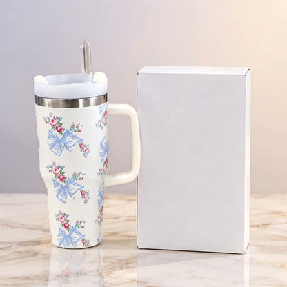 Stanley Style White Floral Print Tumbler HHC
