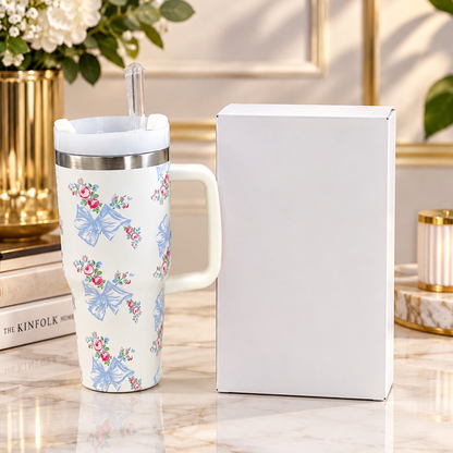 Stanley Style White Floral Print Tumbler HHC