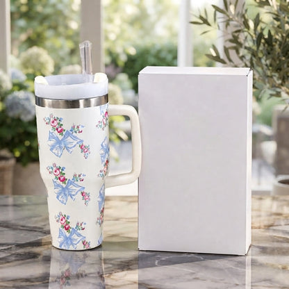 Stanley Style White Floral Print Tumbler HHC