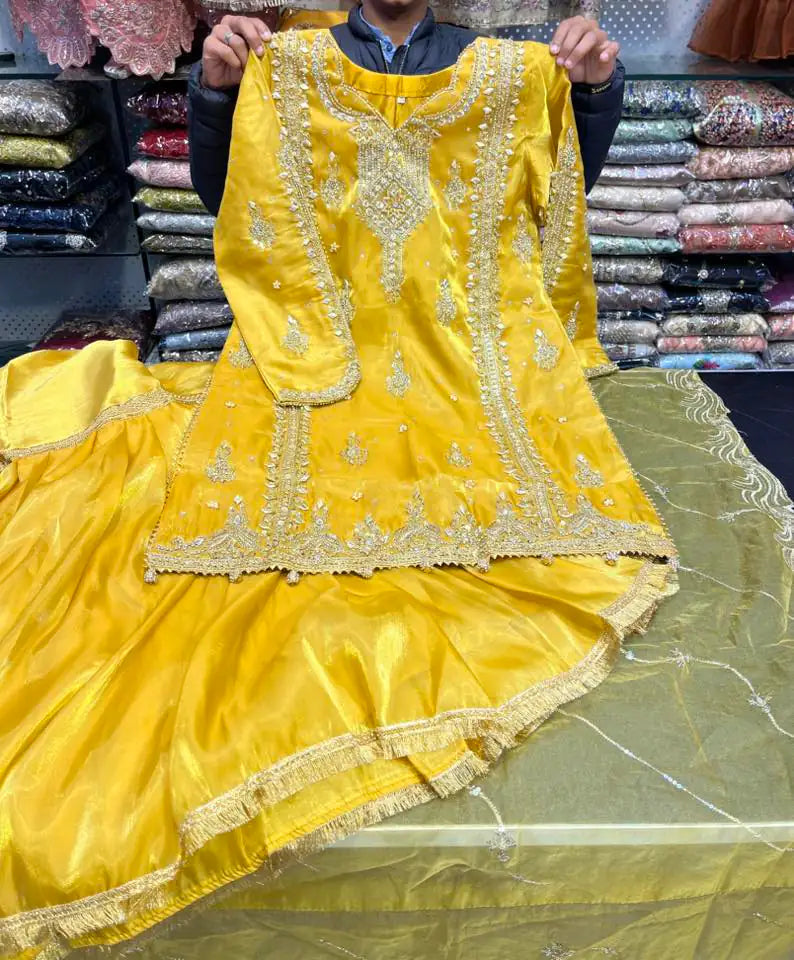 Golden color sharara dress Rida's Collection