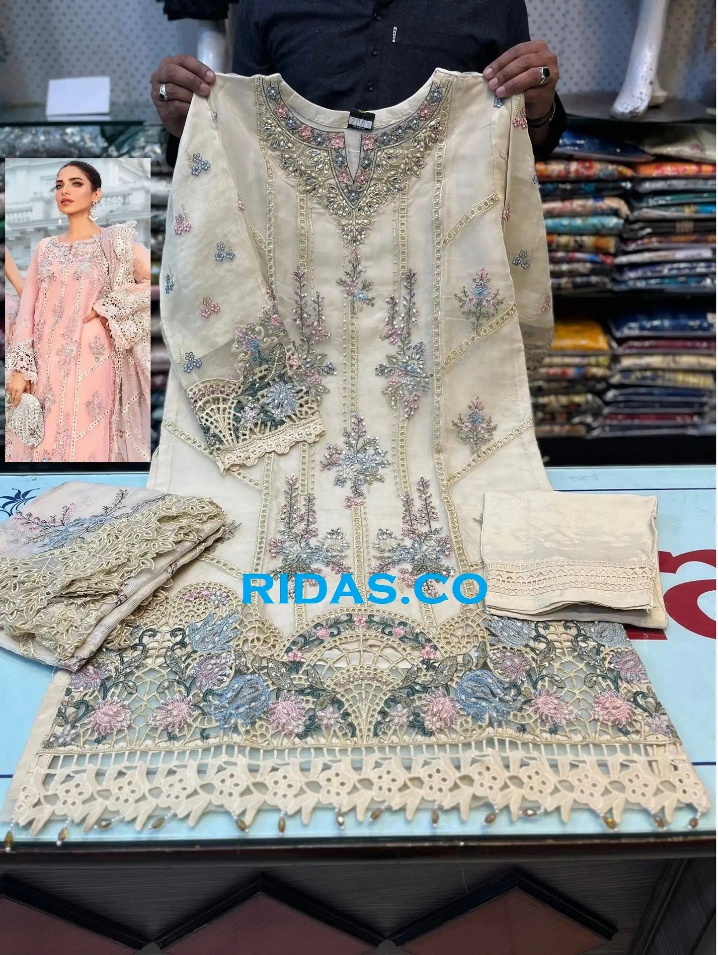 Maria b cream color embroidered dress Mansooj