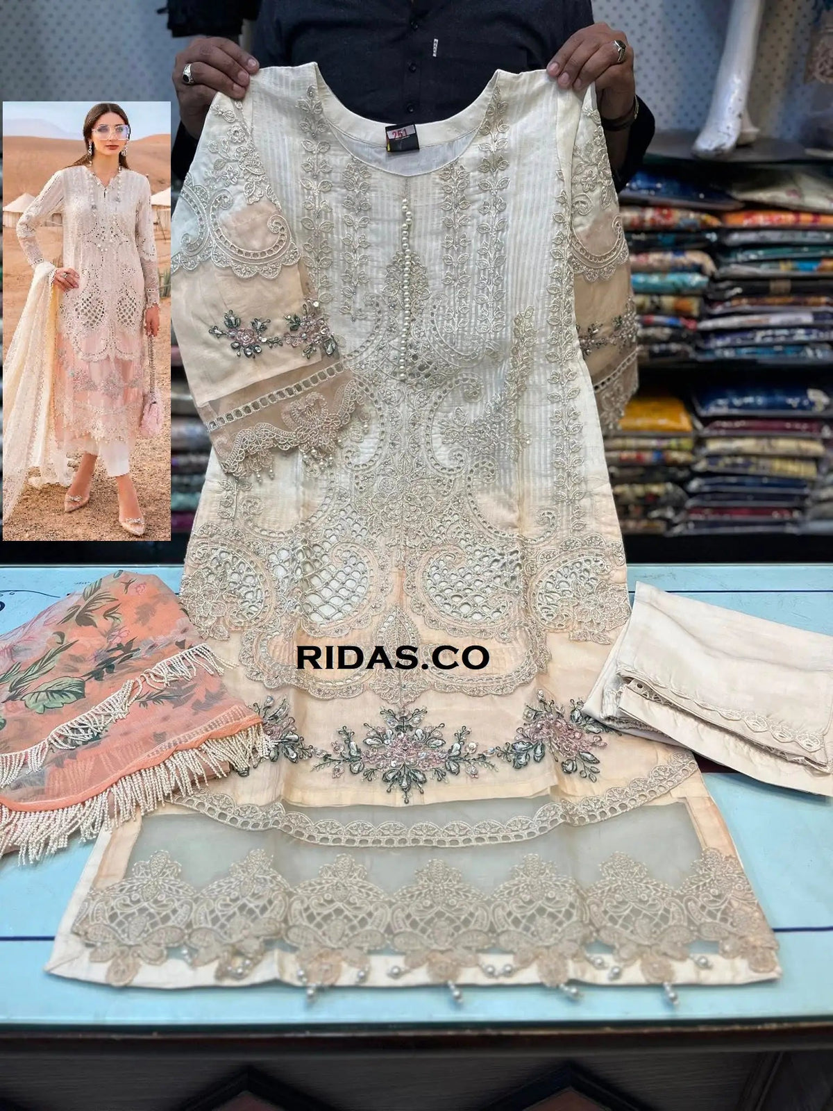 Maria b off white/peach color embroidered dress Mansooj