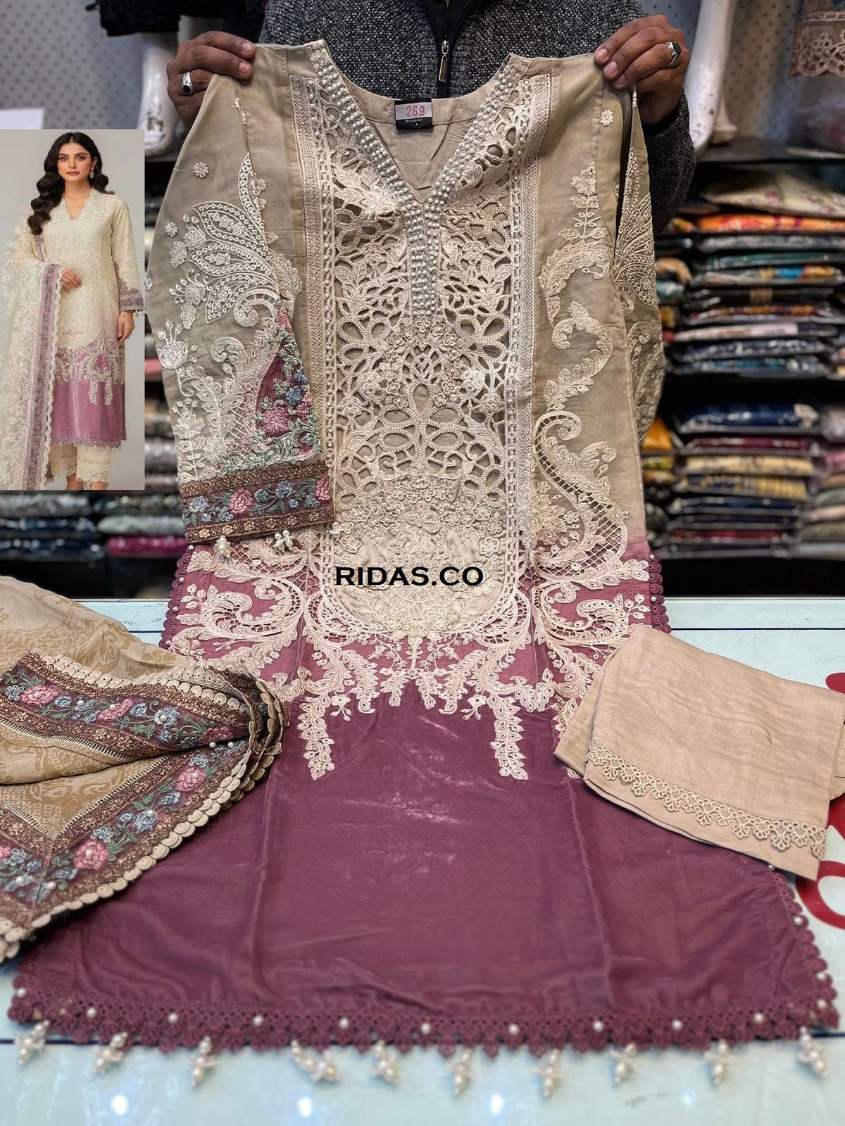 Maria b brown/pink color embroidered dress Mansooj
