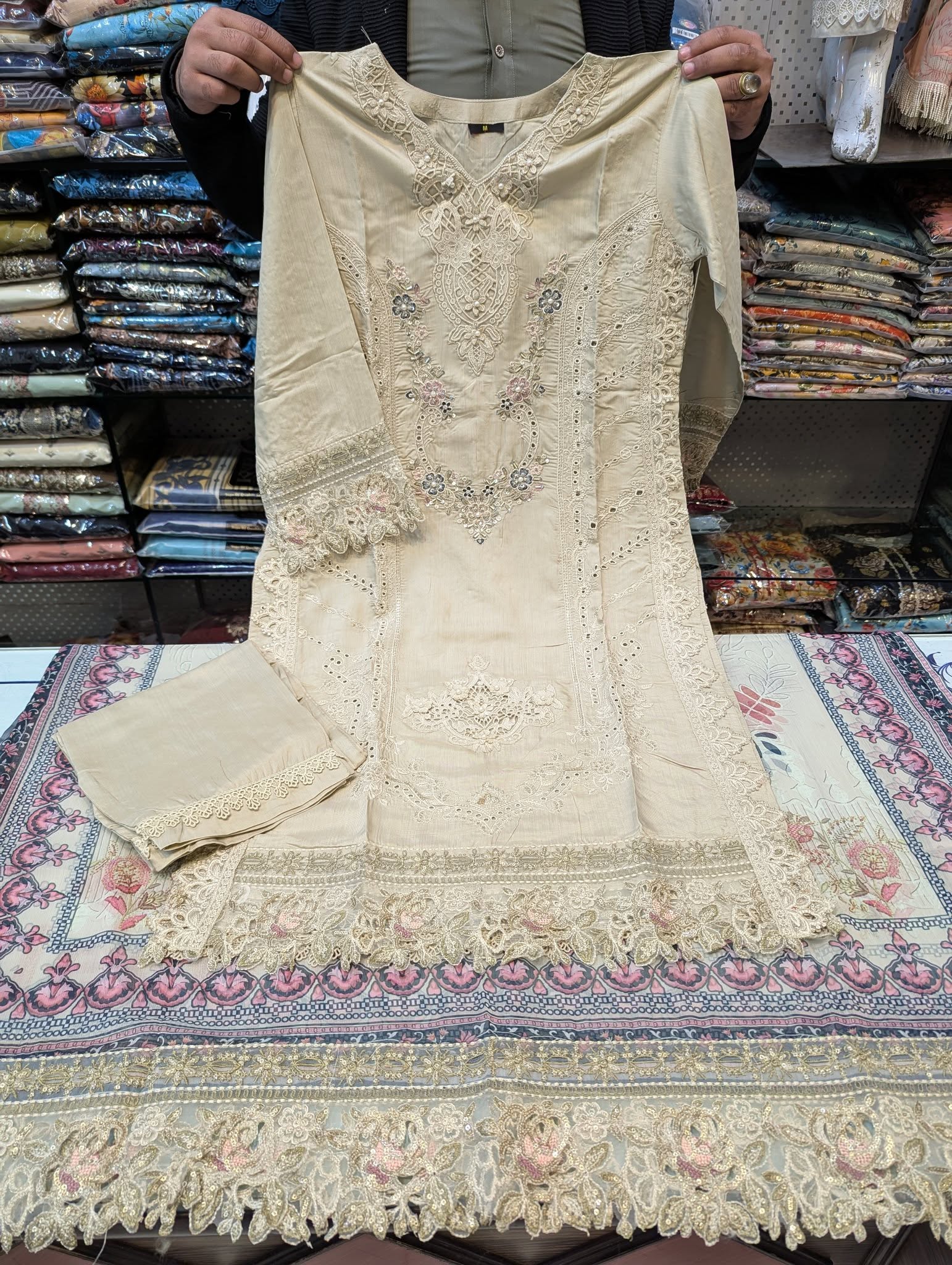 Maria b cream color embroidered dress Mansooj