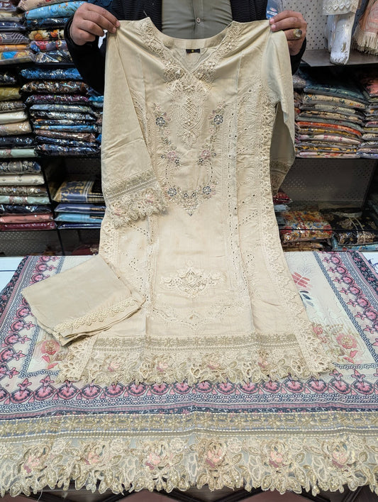 Maria b cream color embroidered dress Mansooj