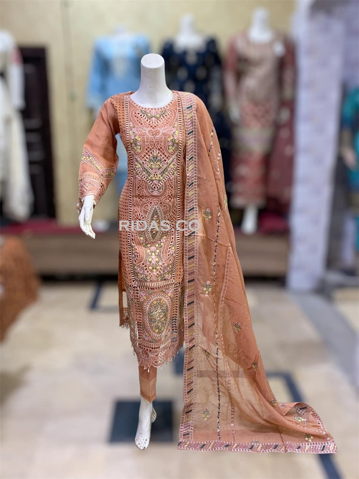Maria b peach color embroidered dress Mansooj