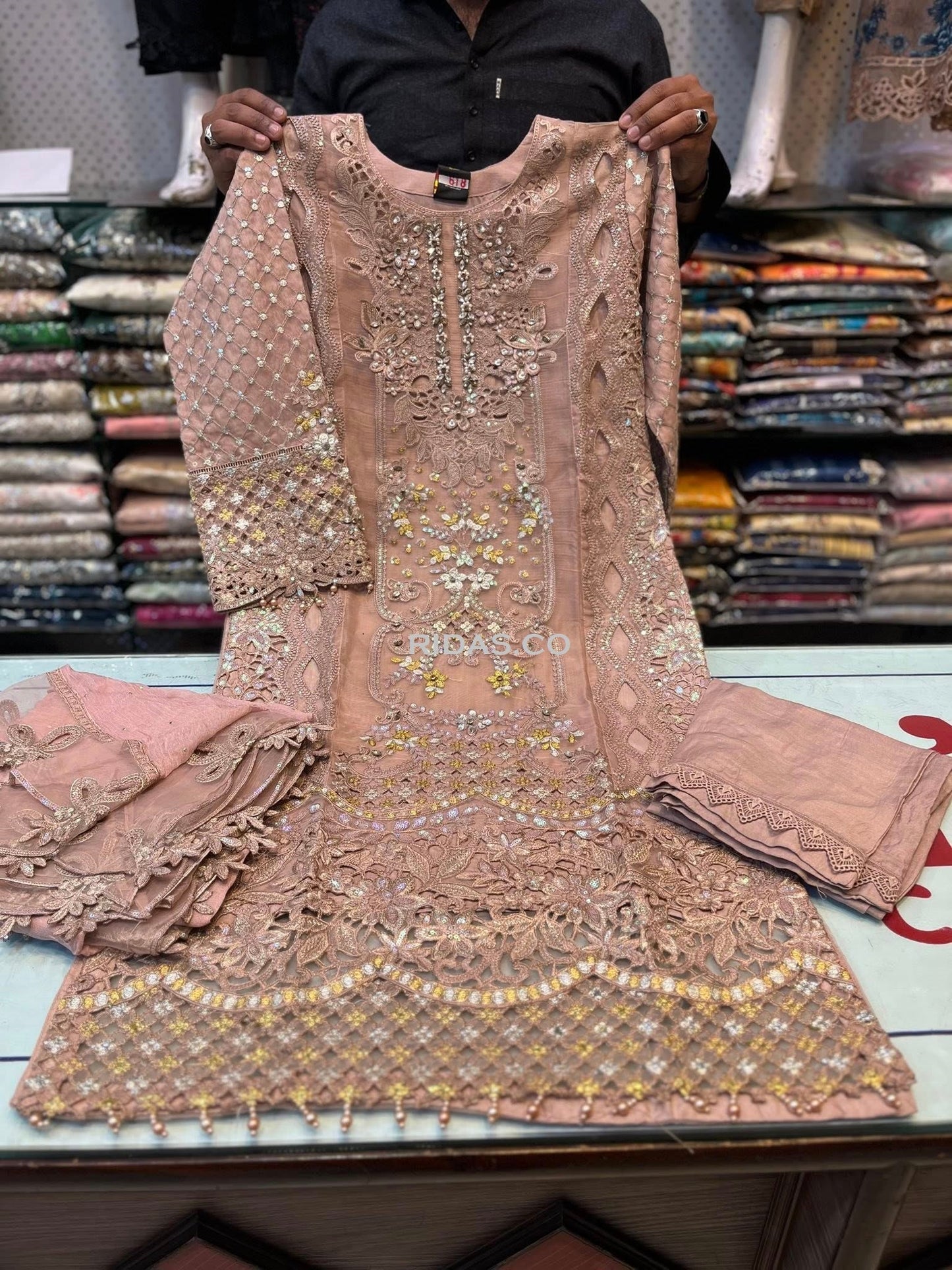 Sand pink color embroidered organza dress Mansooj