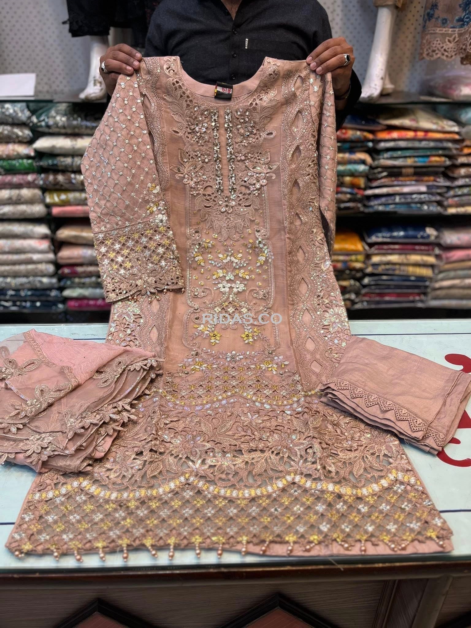 Sand pink color embroidered organza dress Mansooj