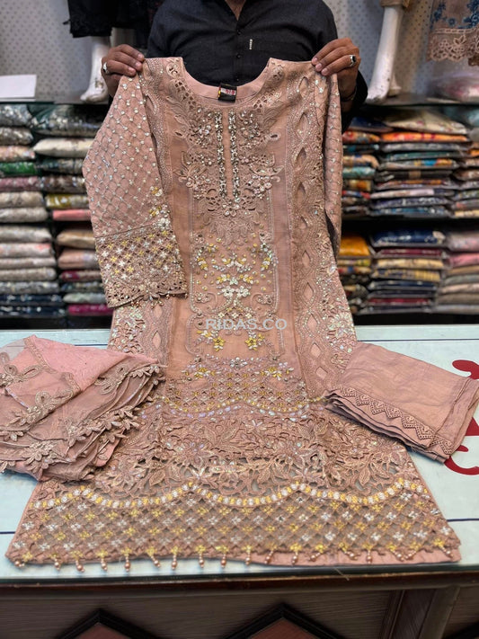 Sand pink color embroidered organza dress Mansooj