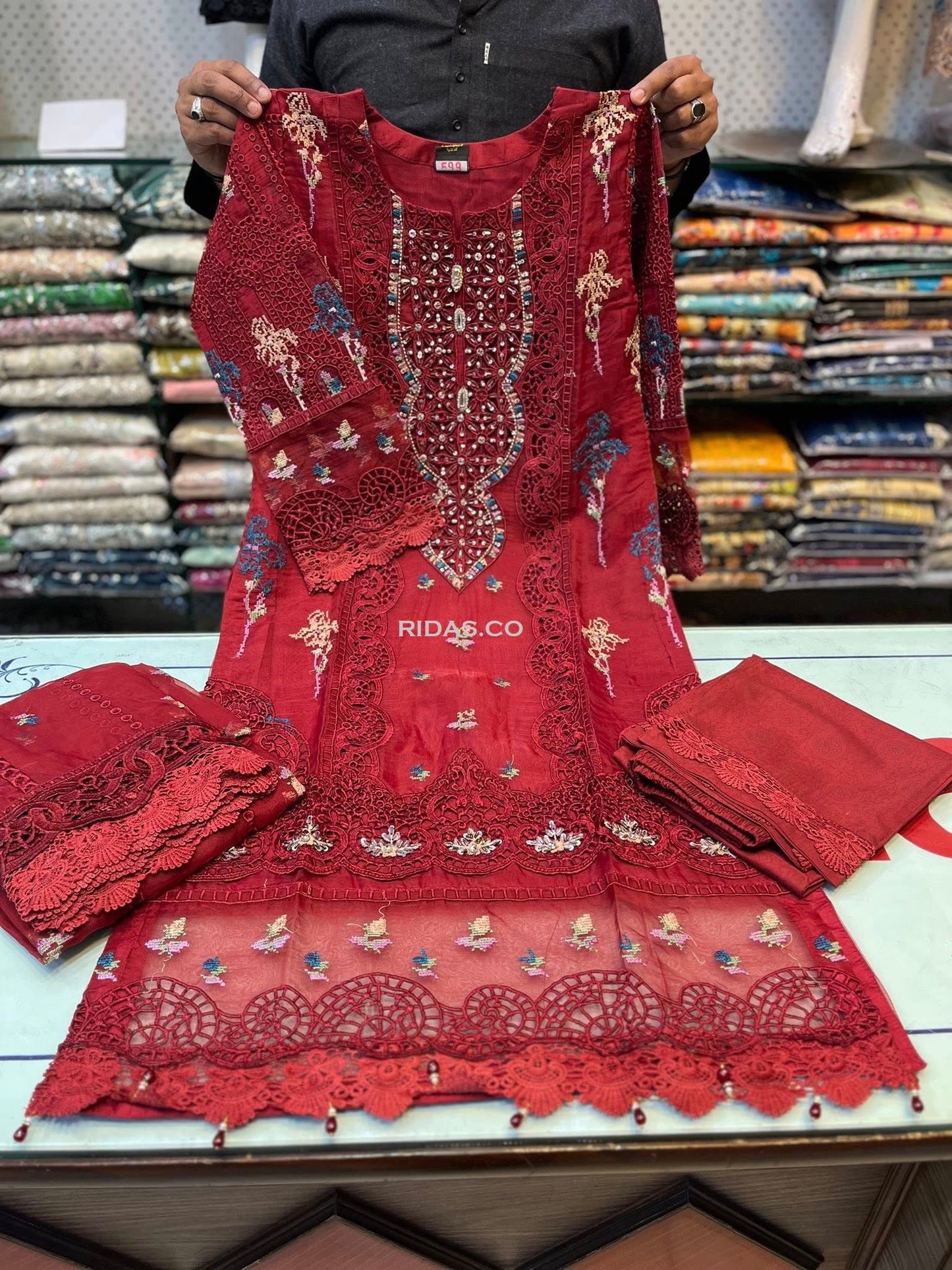 Red color embroidered organza dress Mansooj