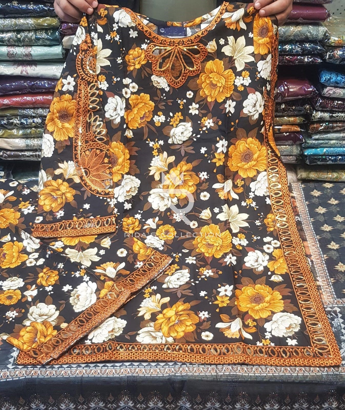 brown Color short embroidered lawn dress Rida's Collection