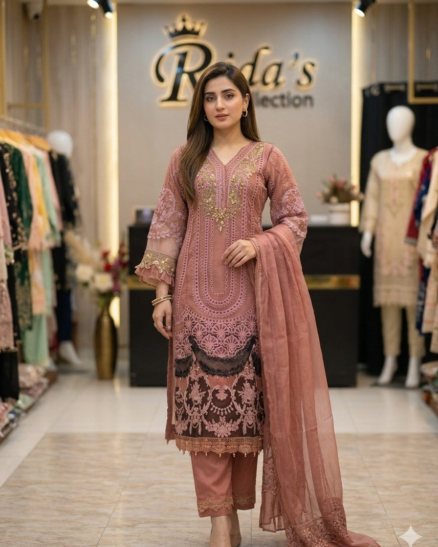 Peach Color organza dress Rida's Collection