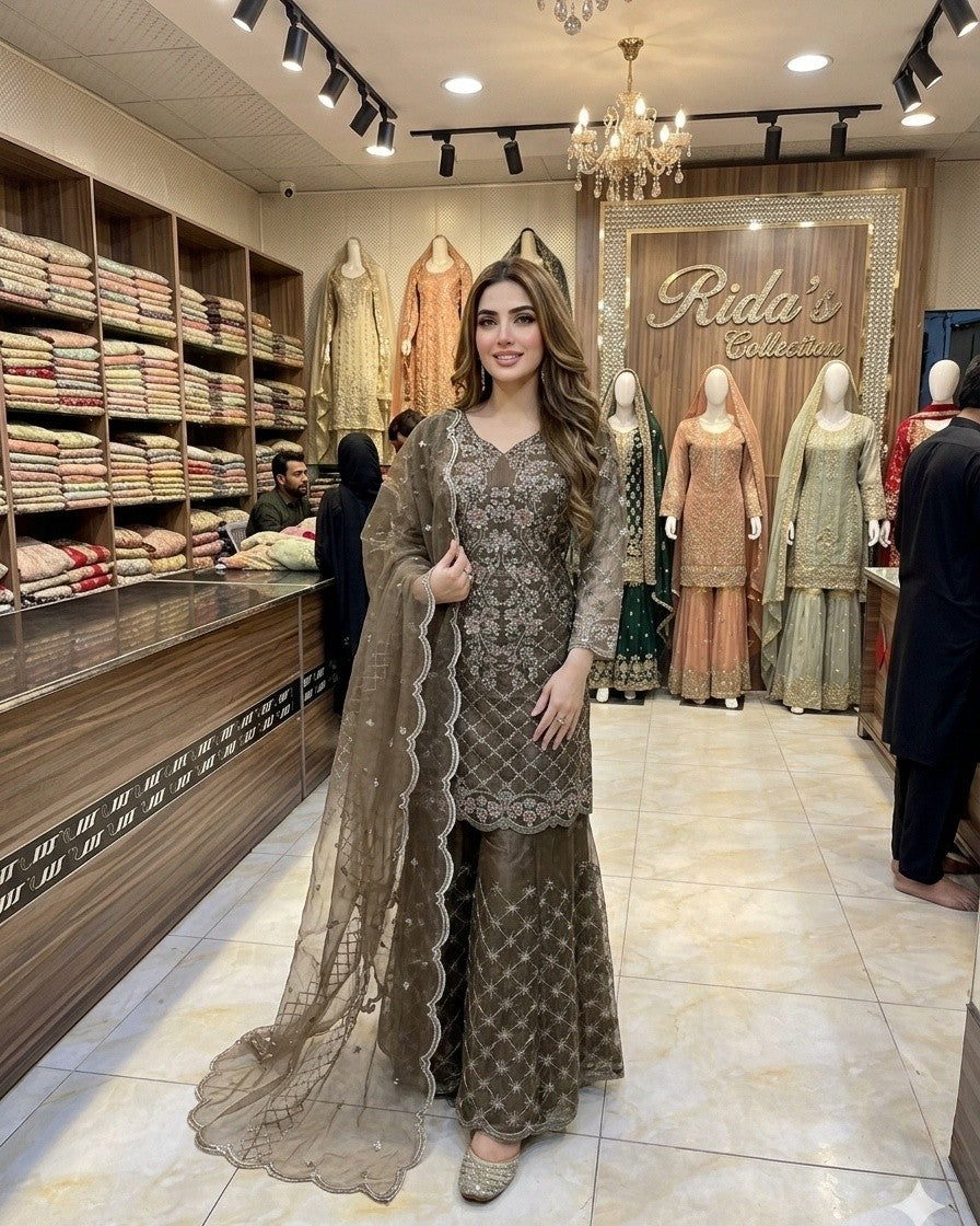 Brown Color Embroidered Gharara Dress Rida's Collection
