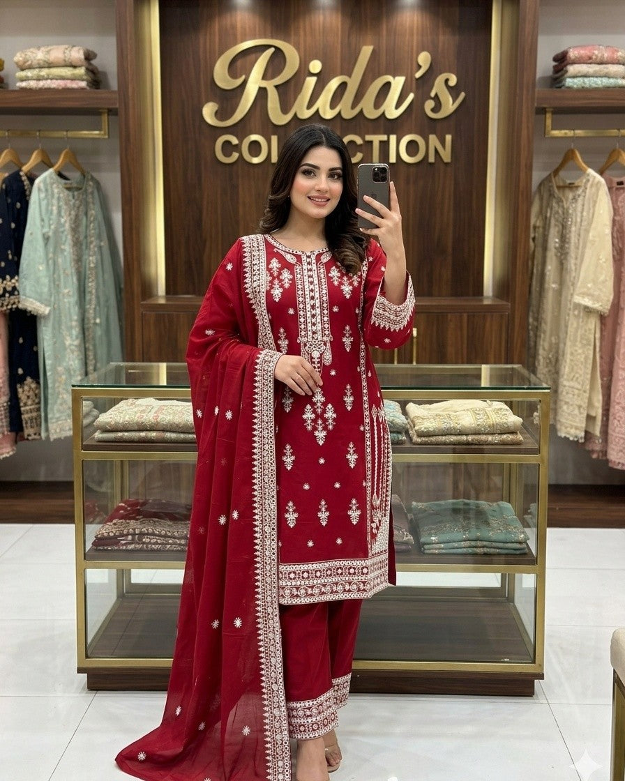 Red Color embroidered lawn dress
