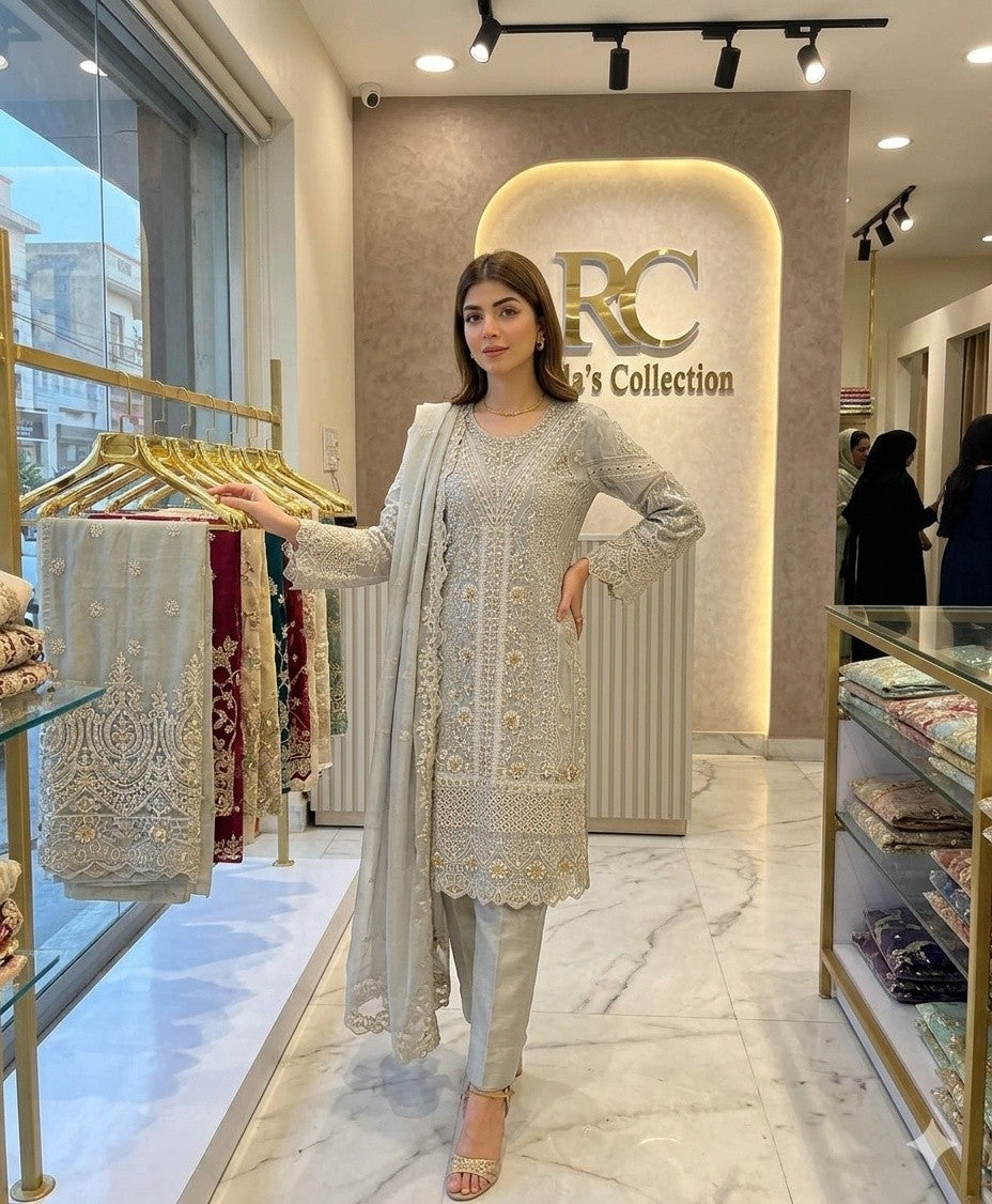 Gray Embroidered organza dress Rida's Collection