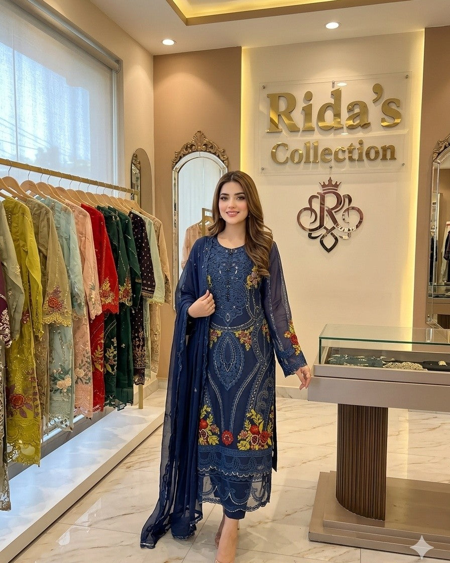 Navy blue Embroidered organza dress Rida's Collection