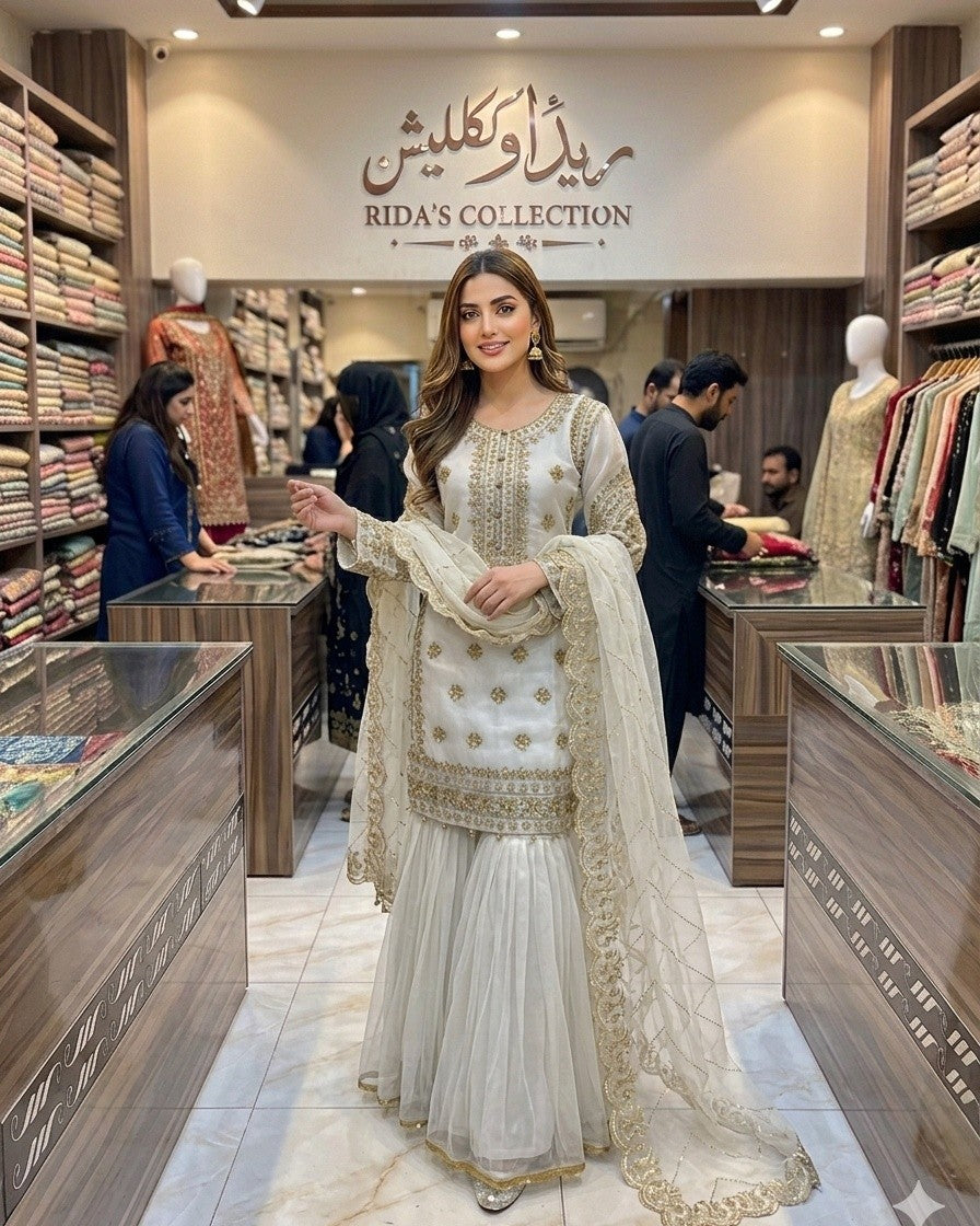 Off White Color Embroidered Gharara Dress Rida's Collection