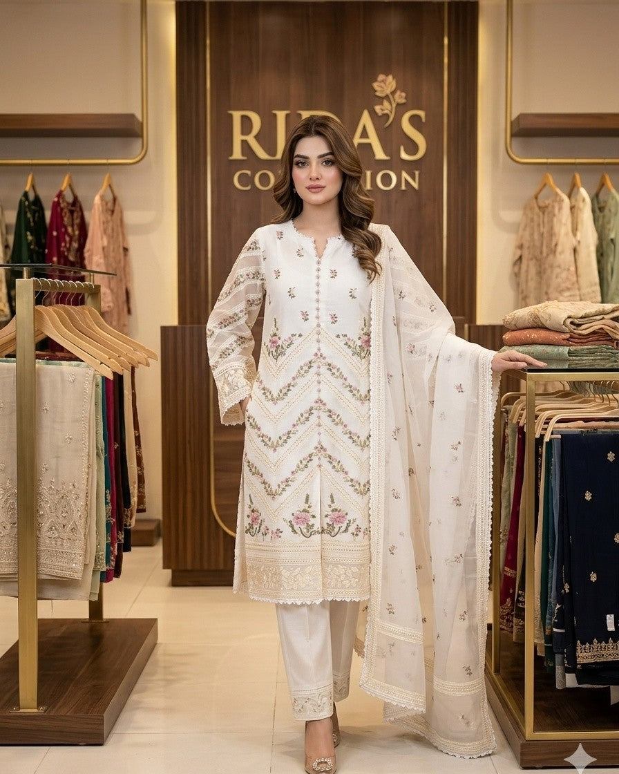Off white Color embroidered lawn dress Mr Haroon