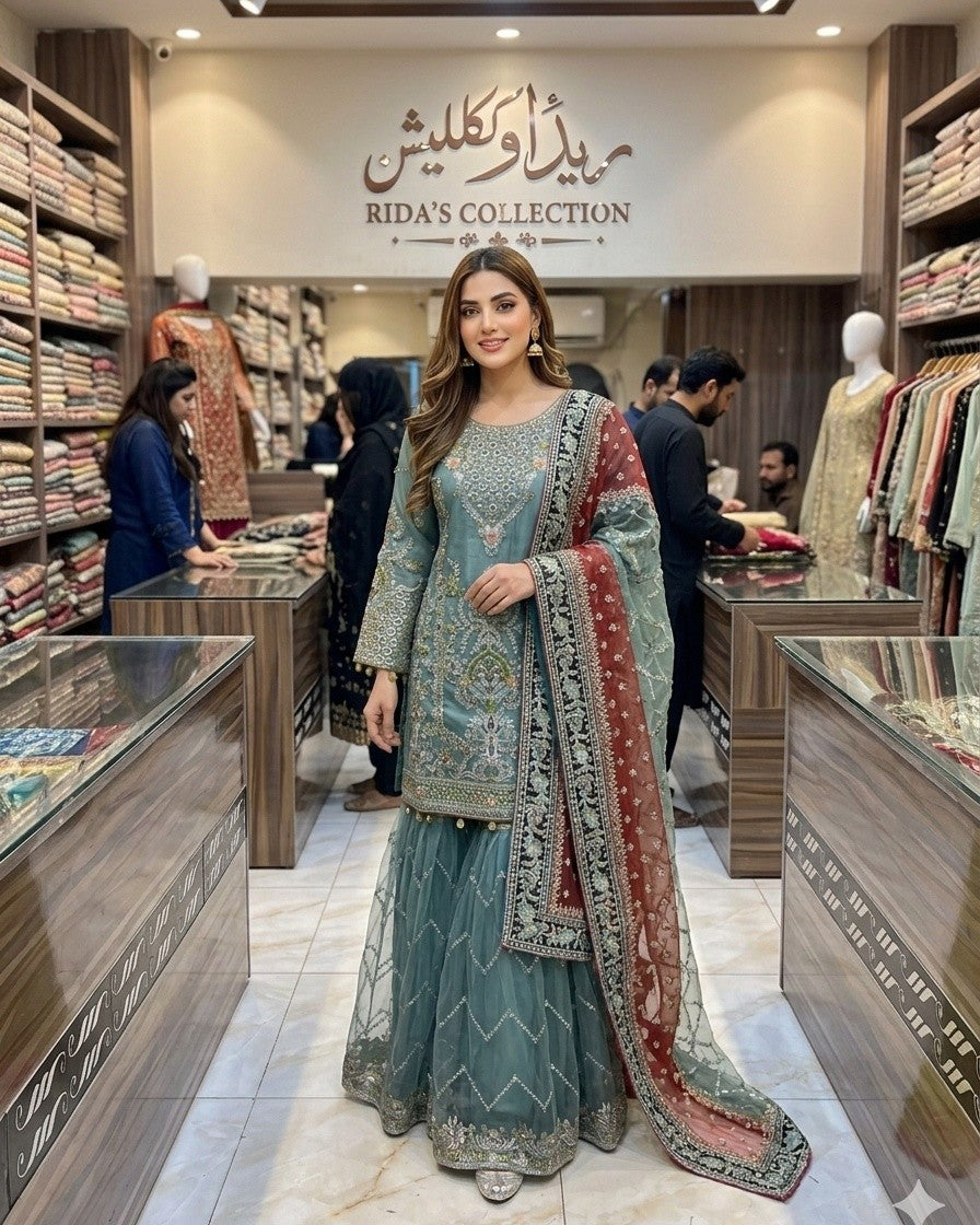 Gray Color Embroidered Gharara Dress Rida's Collection