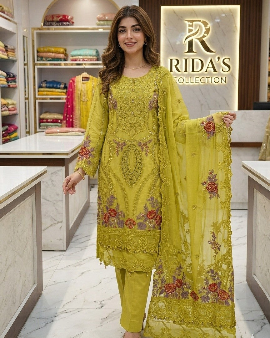 Mustard Embroidered organza dress Rida's Collection