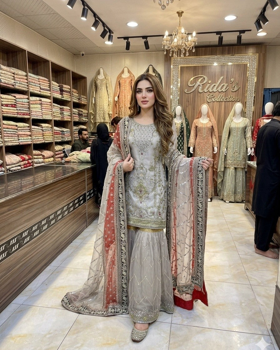 Silver Color Embroidered Gharara Dress Rida's Collection