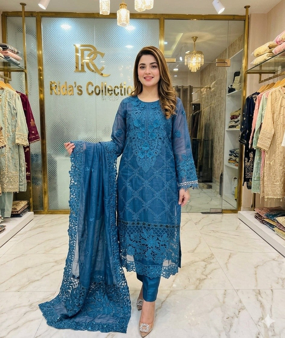 blue Embroidered organza dress Rida's Collection