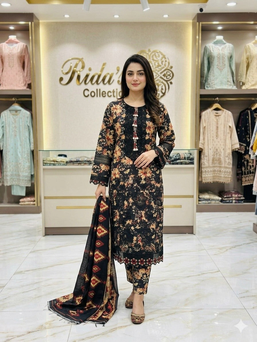 black gold embroidered lawn dress Rida's Collection