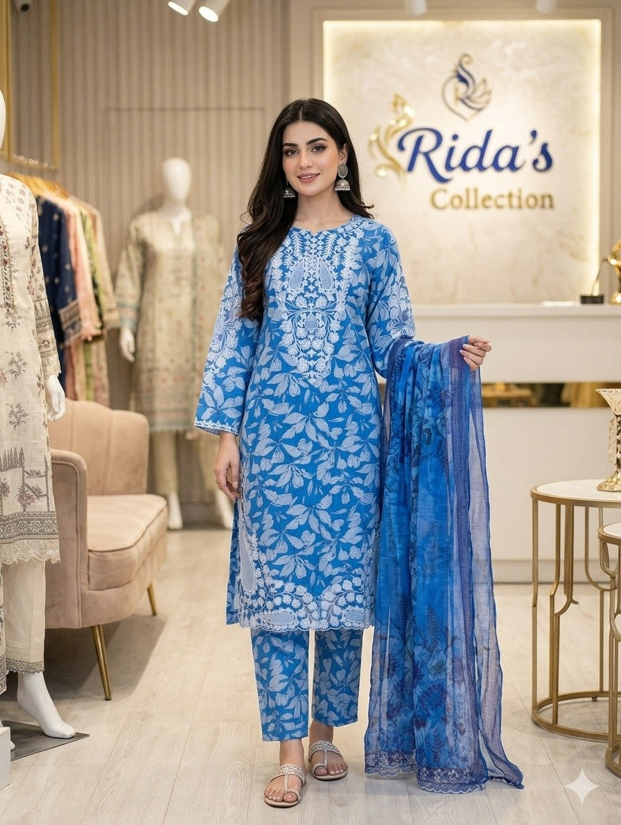 Blue embroidered lawn dress Mr Haroon