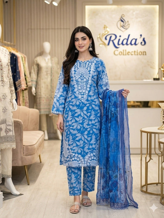 Blue embroidered lawn dress
