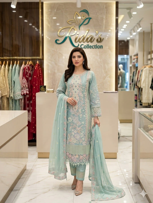 Aqua Color embroidered lawn dress