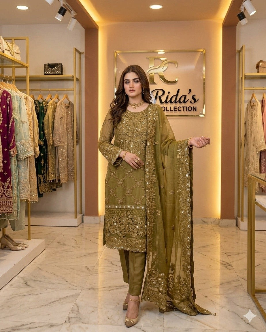 brown Embroidered organza dress Rida's Collection