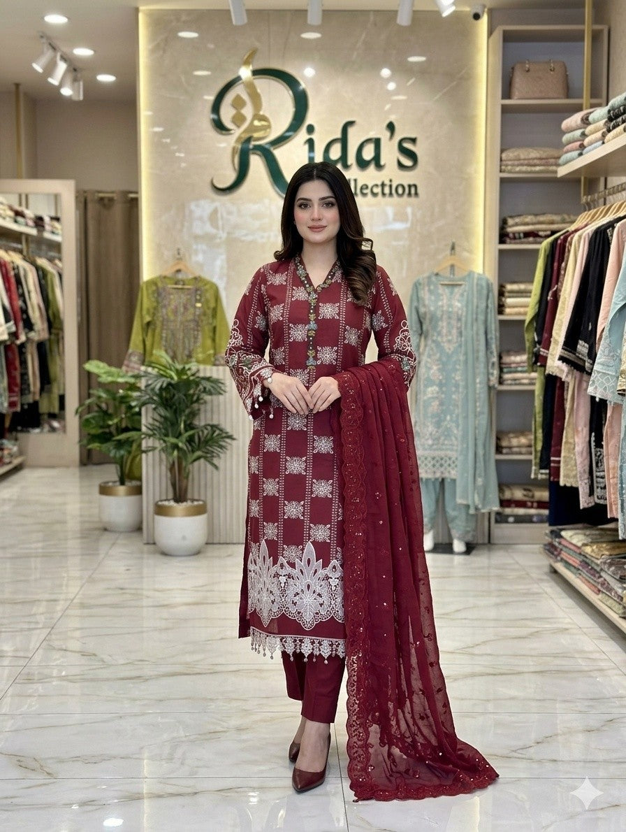 Maroon Maria b embroidered lawn dress Maysoon