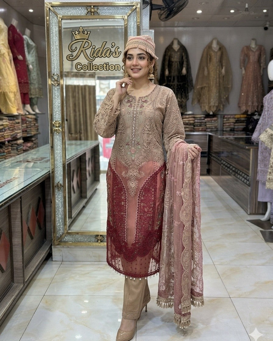 Maria B Skin red embroidered dress Mansooj
