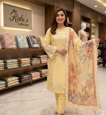 Lemon embroidered lawn dress ARJ11 Areej