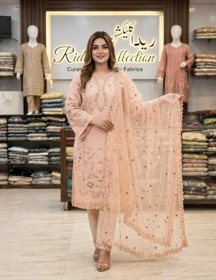 Pink skin embroidered lawn dress ARJ04 Areej