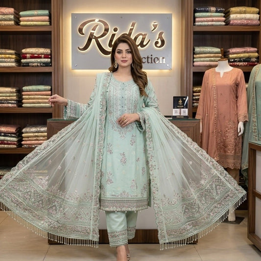 Aqua embroidered lawn dress ARJ08
