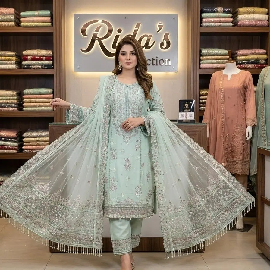 Aqua embroidered lawn dress ARJ08 Areej