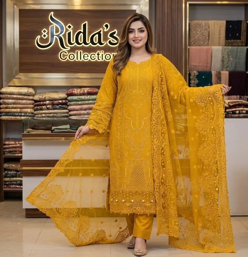 Mustard embroidered lawn dress ARJ02 Areej