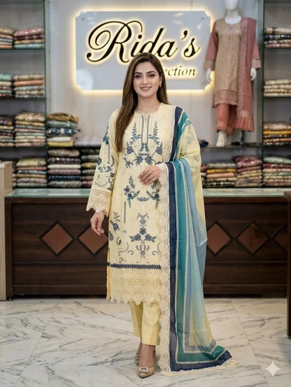 Cream embroidered lawn dress ARJ06 Areej