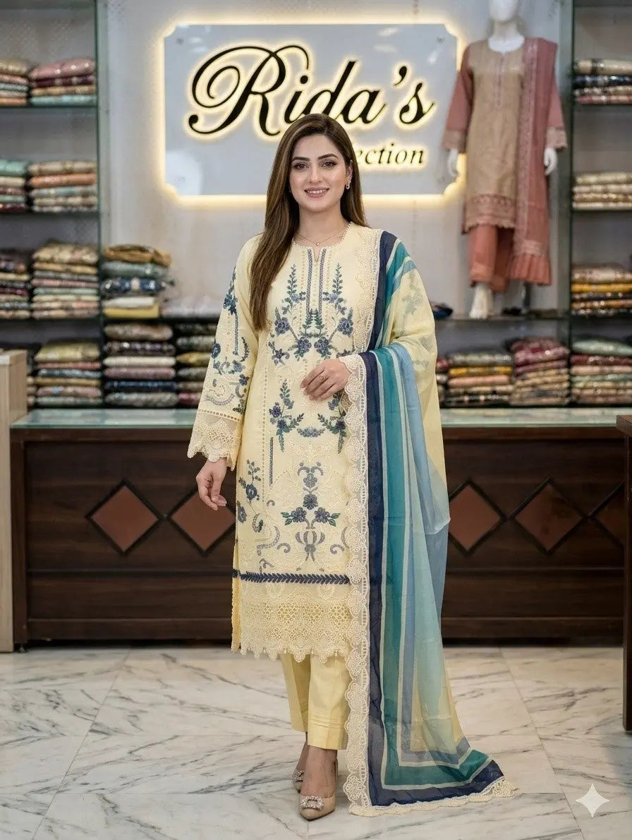 Cream embroidered lawn dress ARJ06 Areej