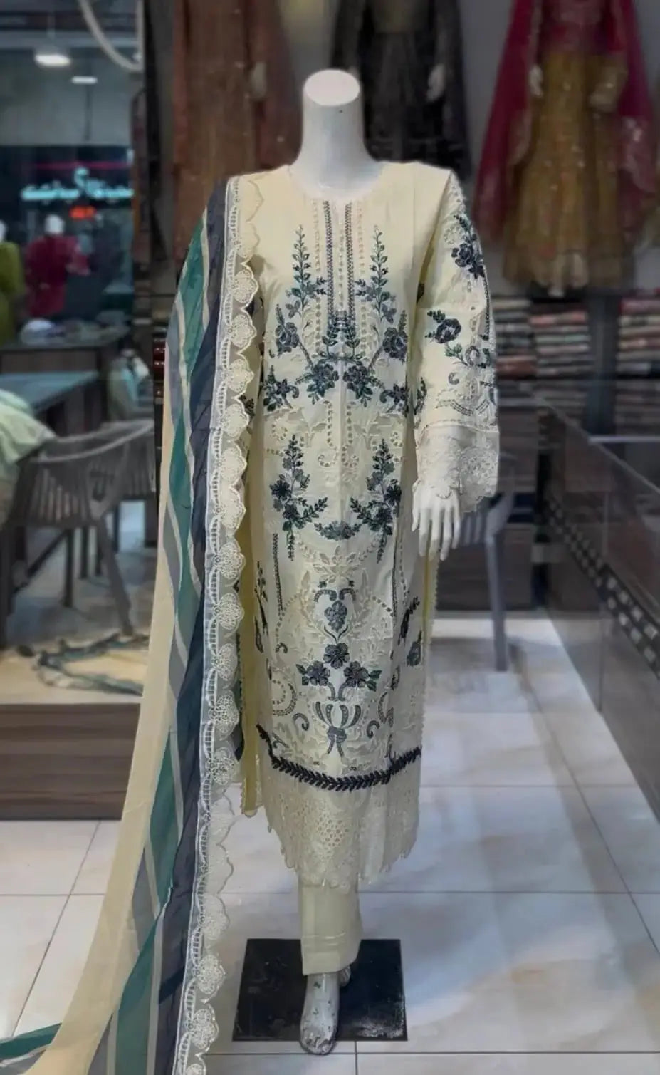 Cream embroidered lawn dress ARJ06 Areej