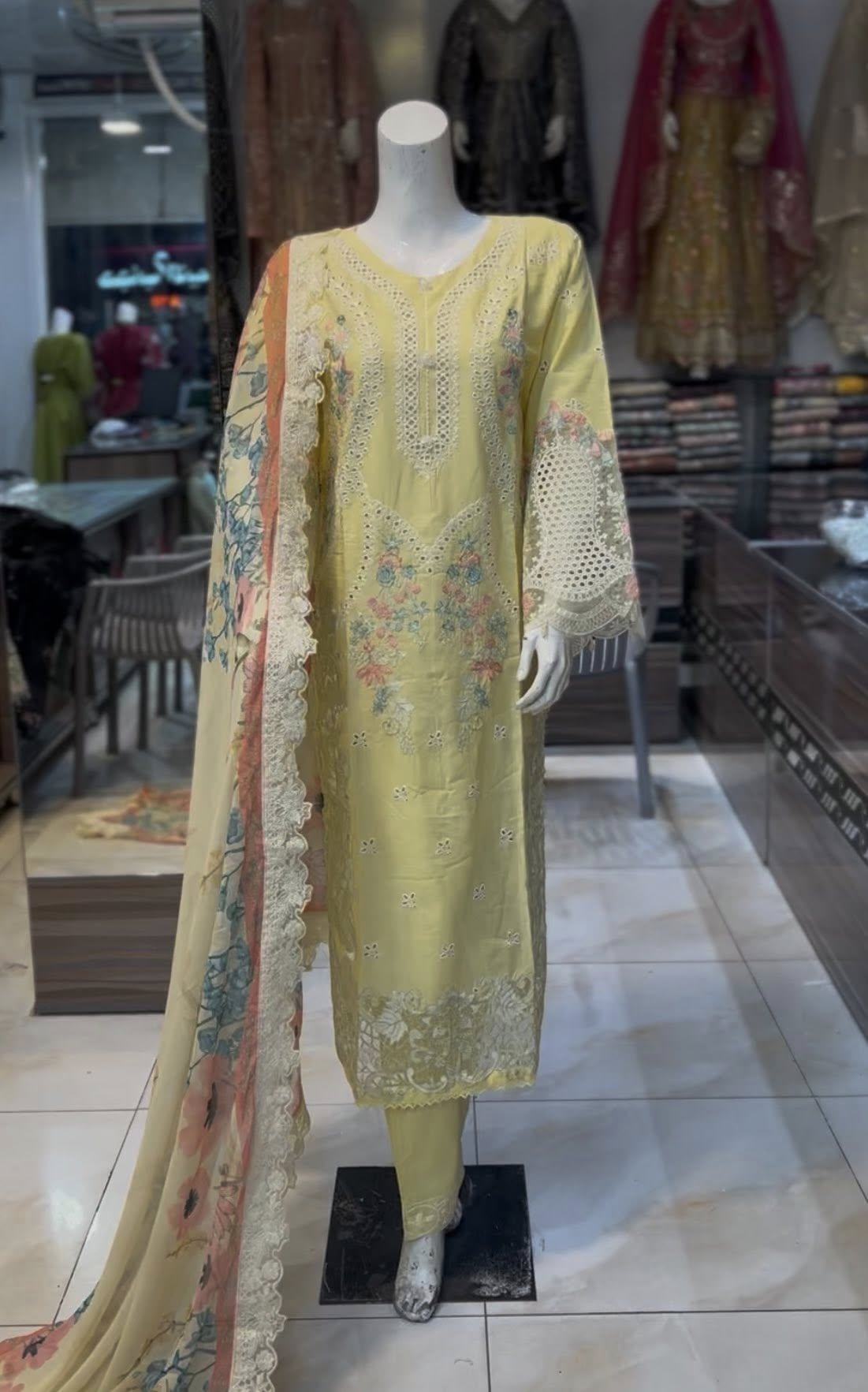 Lemon embroidered lawn dress ARJ11 Areej