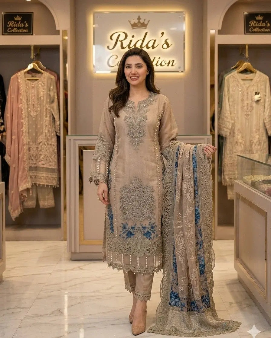 Maria b beige Organza Dress Mansooj