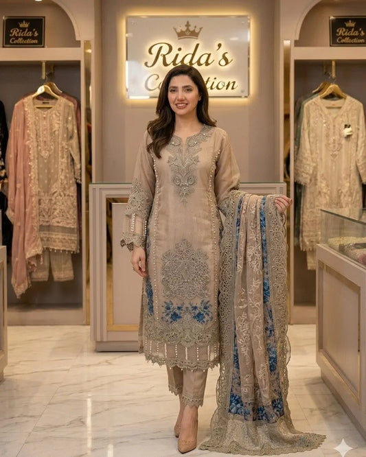 Maria b beige Organza Dress Mansooj