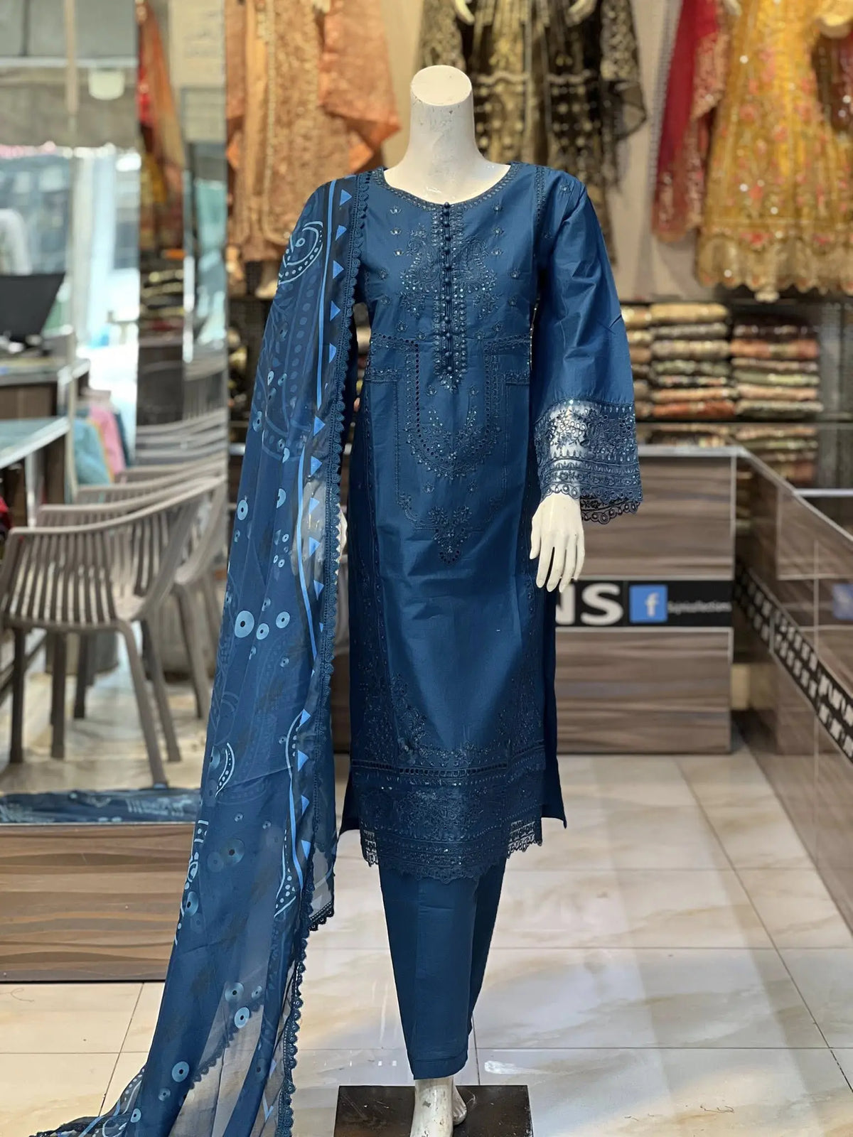 Navy Blue Lawn Dress Mr Haroon