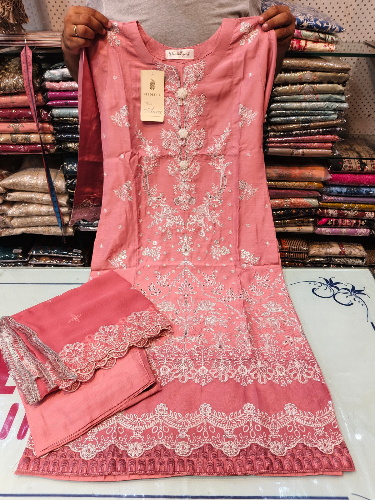 Peach color viscous embroidered dress 08 AB Kids