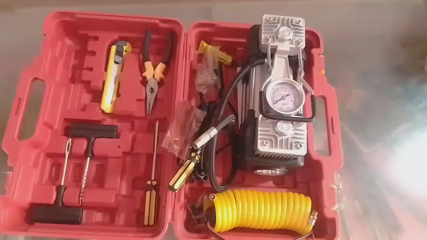Imported Double Cylinder 12V Portable Electric Car Air Pump &amp; Repair Kit