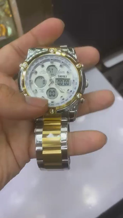 SKMEI 1389 Men's Digital Analog Business Watch – Gold &amp; Silver Stainless Steel
