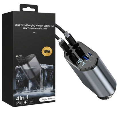 4-in-1 Retractable Car Charger | Dual USB & USB-C PD Fast Charging, 100W YMDS