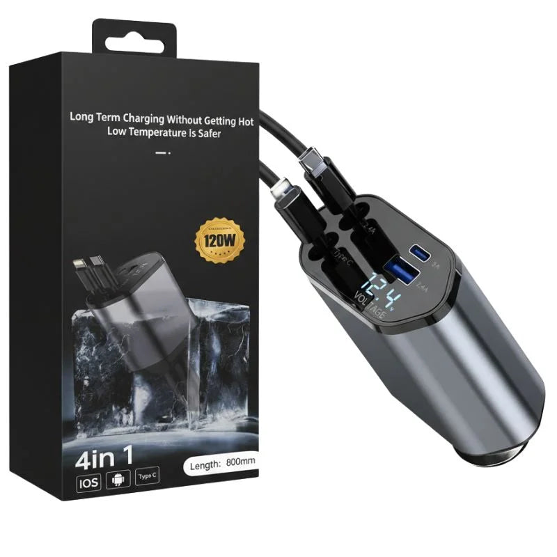 4-in-1 Retractable Car Charger | Dual USB & USB-C PD Fast Charging, 100W YMDS